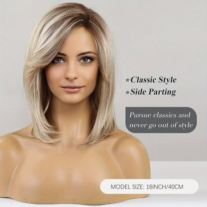 Rose Net Cap Straight Wig Platinum Blonde Mixed White Golden 16 Inch – Adjustable Mechanism Head Cover Lightweight Synthetic Hair for Women Daily Wear Costume Cosplay Party