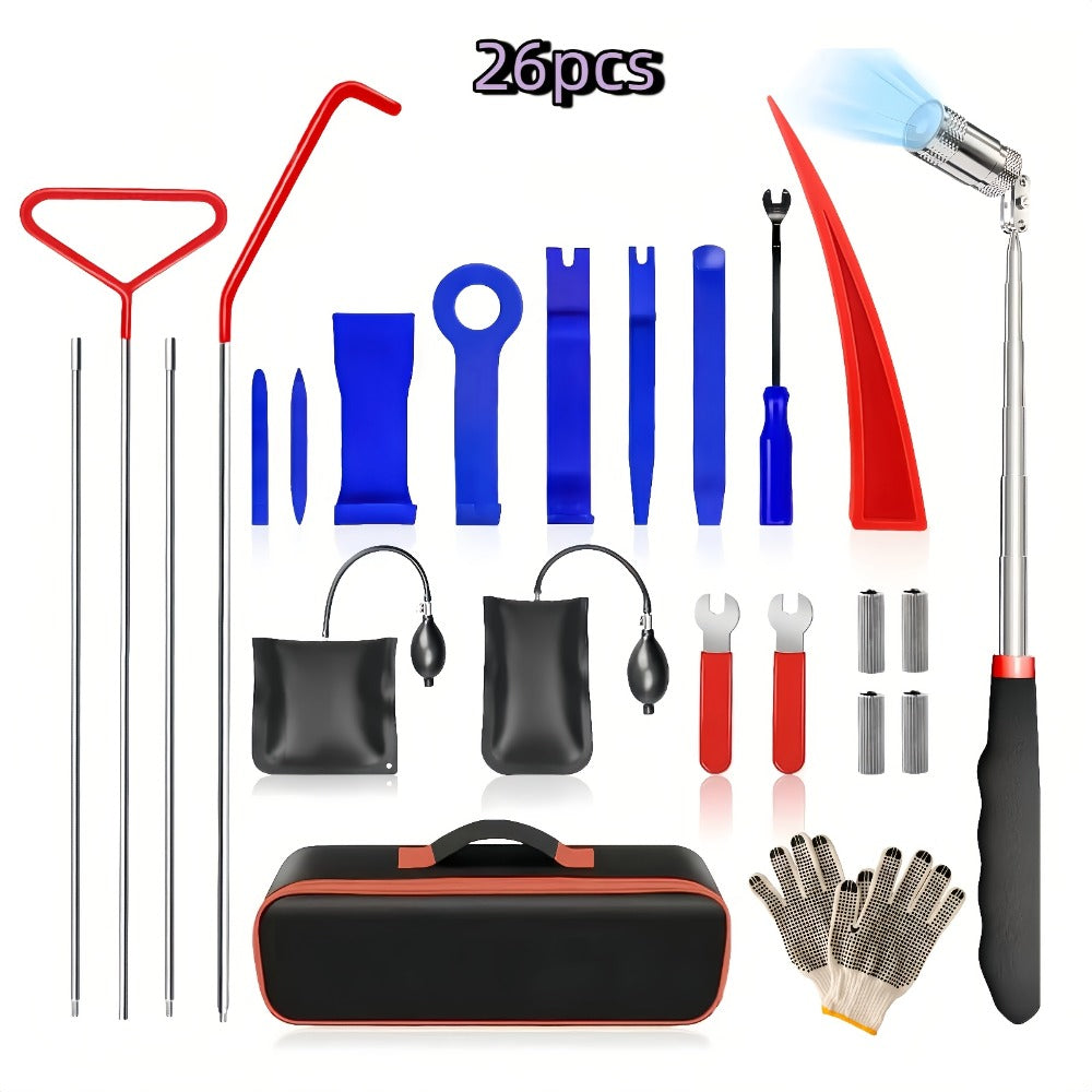 Air Wedge Pump Car Door Unlock Kit – Emergency Lockout Tool Set with Long Reach Grabber & Window Opening Gripper, 20 & 26-Piece No Battery Required