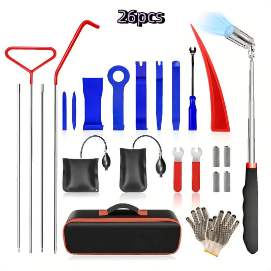 Air Wedge Pump Car Door Unlock Kit – Emergency Lockout Tool Set with Long Reach Grabber & Window Opening Gripper, 20 & 26-Piece No Battery Required