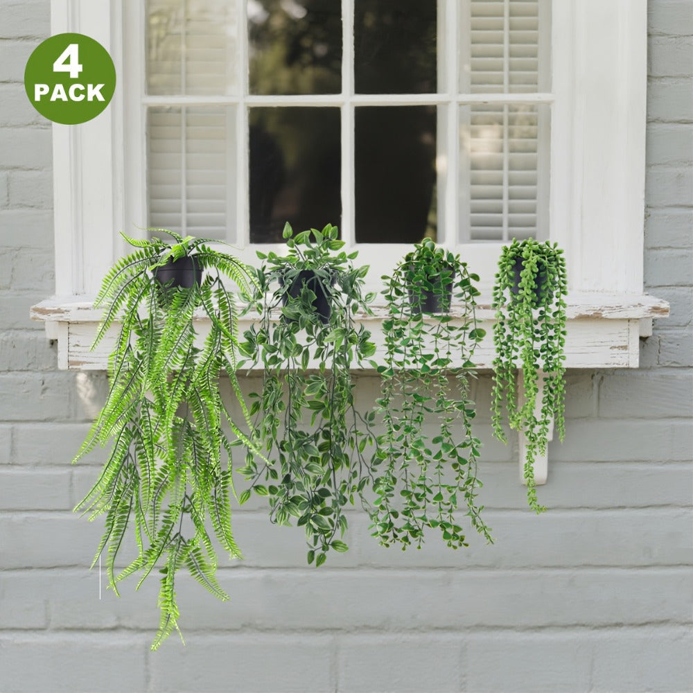 Hanging Artificial Greenery Vines, Four-Piece Mixed Pack with Boston Fern, Eucalyptus and Trailing Styles