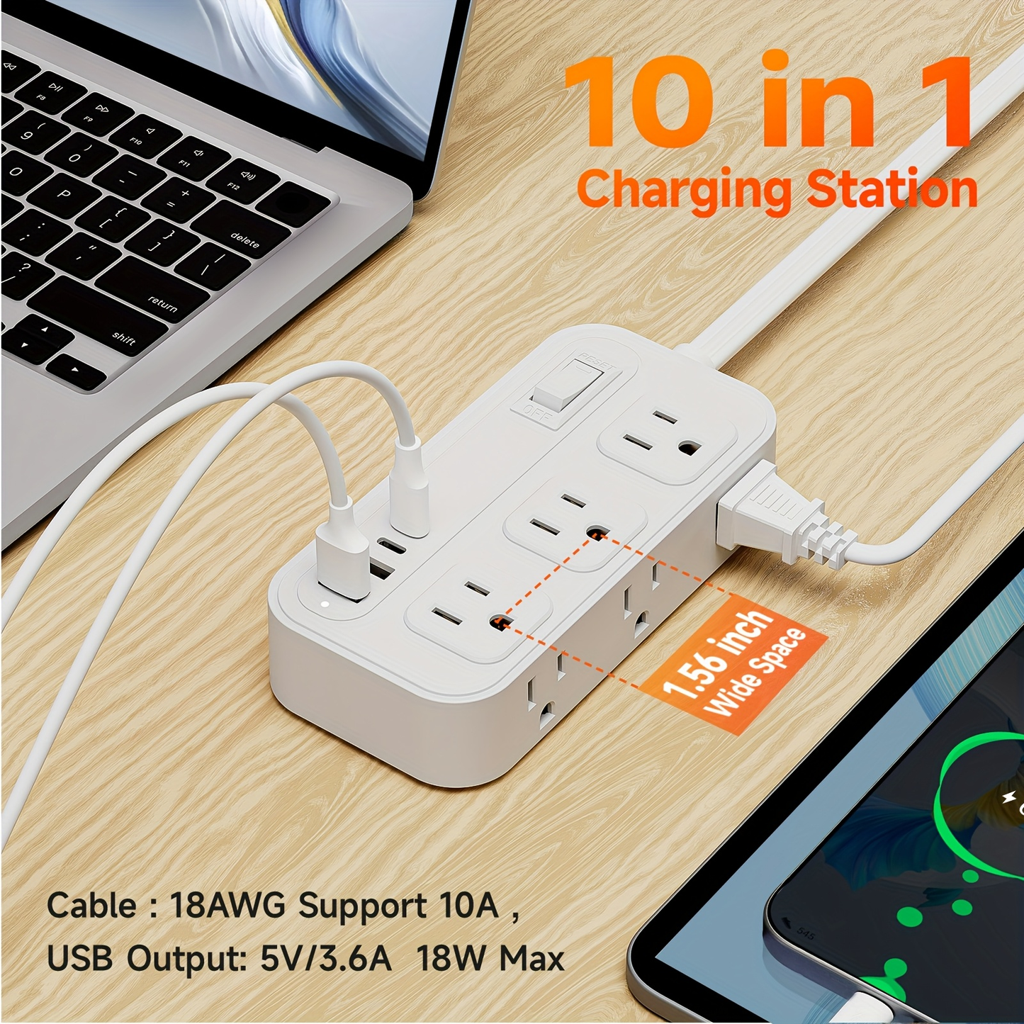 Power Strip Flat Plug with 6 AC Outlets, 2 USB-A, 2 USB-C and 3-Inch, 5-Foot or 10-Foot Cord Options
