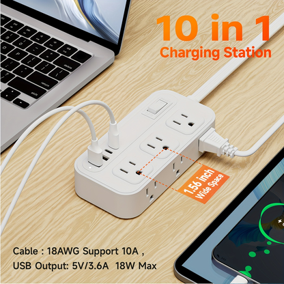 Power Strip Flat Plug with 6 AC Outlets, 2 USB-A, 2 USB-C and 3-Inch, 5-Foot or 10-Foot Cord Options