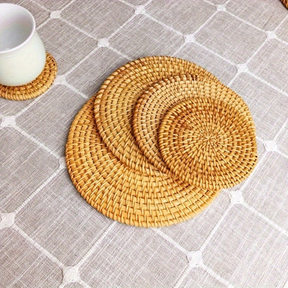 Six-Piece Round Rattan Woven Coaster Set, 3.93-Inch Drink Mats in Natural Khaki for Tabletop Display