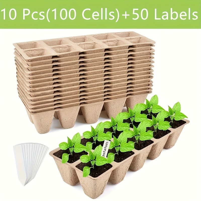 Seed Starter Pot Trays with 100 Small Square Cells, Drainage Openings and Natural Brown Molded Construction