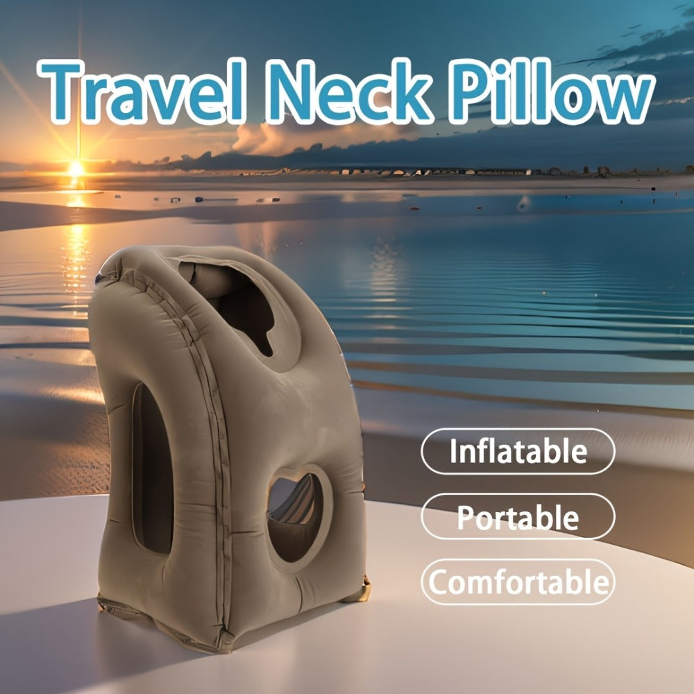 Inflatable Upright Travel Pillow with Face and Side Openings, Carry Bag and Blue, Black or Gray Color Options