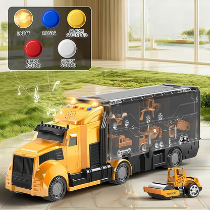 Vehicle Carrier Playset in Dinosaur Car or Construction Truck Style with Mini Vehicles and Storage