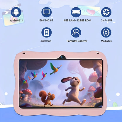Kids Tablet 7 Inch with Android 14, 4GB RAM, 128GB Built-In Storage, Dual Cameras and Protective Case