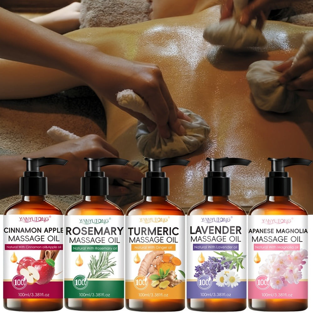 100 ml Pump-Bottle Massage Oil in Lavender, Sakura, Cinnamon Apple or Rosemary, Plus Five-Bottle Gift Set