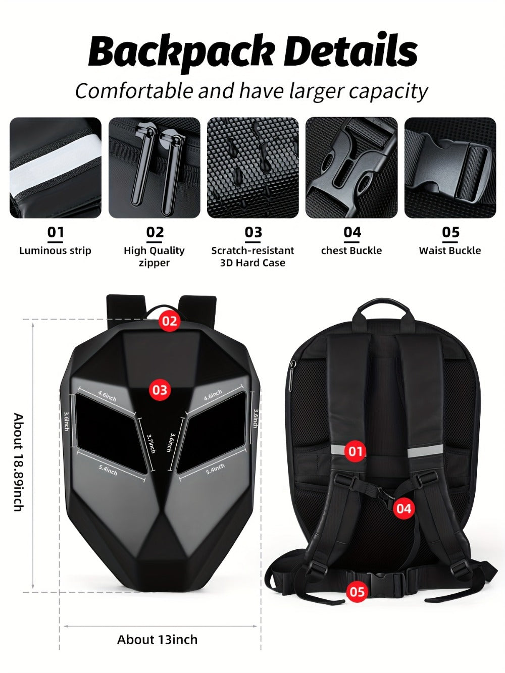 LED Motorcycle Backpack with Display Screen, Hard Shell Helmet Bag, USB Charging Port, 48x48 Dot Matrix Smart Riding Backpack, Large 19-Inch Laptop Compartment, Multiple Colors