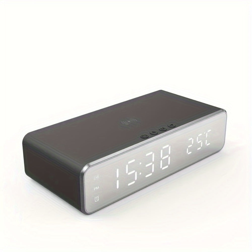 Wireless Charging Alarm Clock with Black or Silver-Tone Housing, Digital Time Display and Top Charging Surface