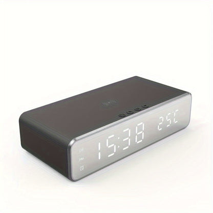 Wireless Charging Alarm Clock with Black or Silver-Tone Housing, Digital Time Display and Top Charging Surface