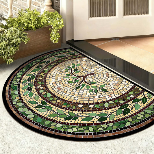 Non-Slip Bathroom Rug Semicircle Bath Mat, Crystal Velvet Soft Absorbent Floor Mat, Vintage Mosaic Vine Pattern, 60x90cm Entry Mat for Bathroom Bedroom Kitchen