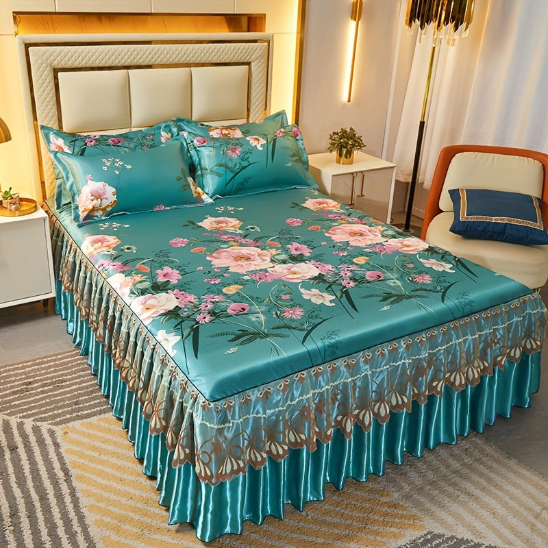 Ruffled Floral Bedspread Mat Set with Two Pillowcases, Twin to King Sizes and Four Pattern Choices