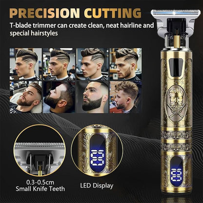 Hair Clippers & Trimmers Vintage Gold T-Blade Model with LCD Display, USB Charging and Three Etched Designs