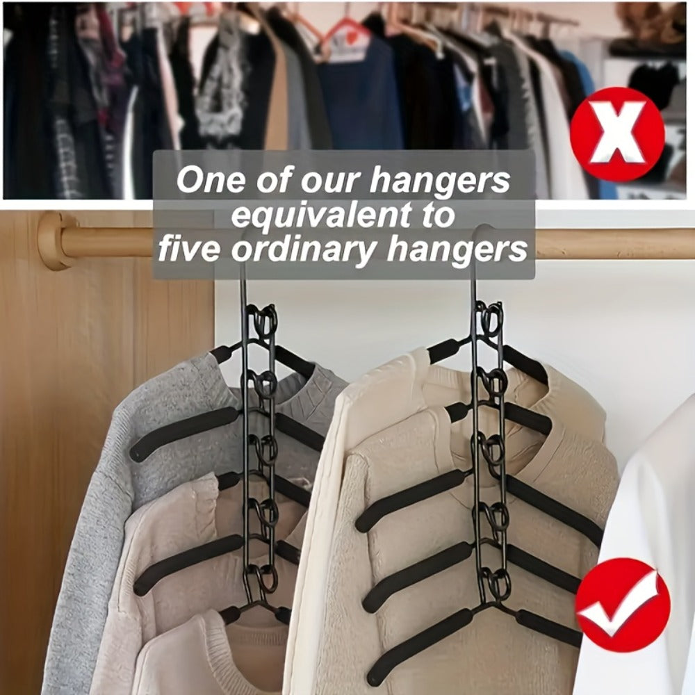 Five-Tier Cascading Clothes Hanger Organizers with Padded Arms in a Two-Piece Black Set for Closets
