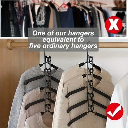 Five-Tier Cascading Clothes Hanger Organizers with Padded Arms in a Two-Piece Black Set for Closets