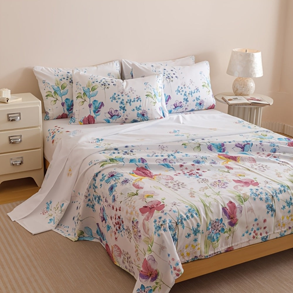Four-Piece Floral Polyester Sheet Set with Fitted and Flat Sheets, Two Pillowcases and Four Sizes