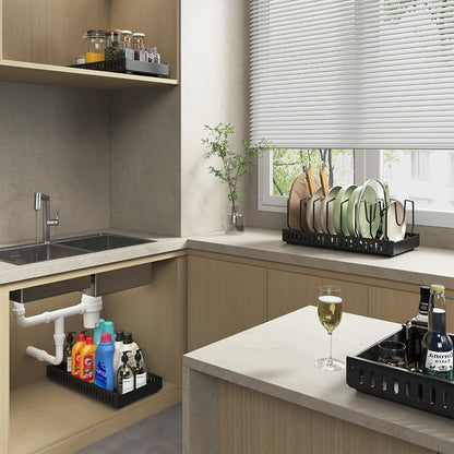 Two-Piece Pull-Out Cabinet Organizer for Pot Lids and Cookware with Removable Dividers in Black or White