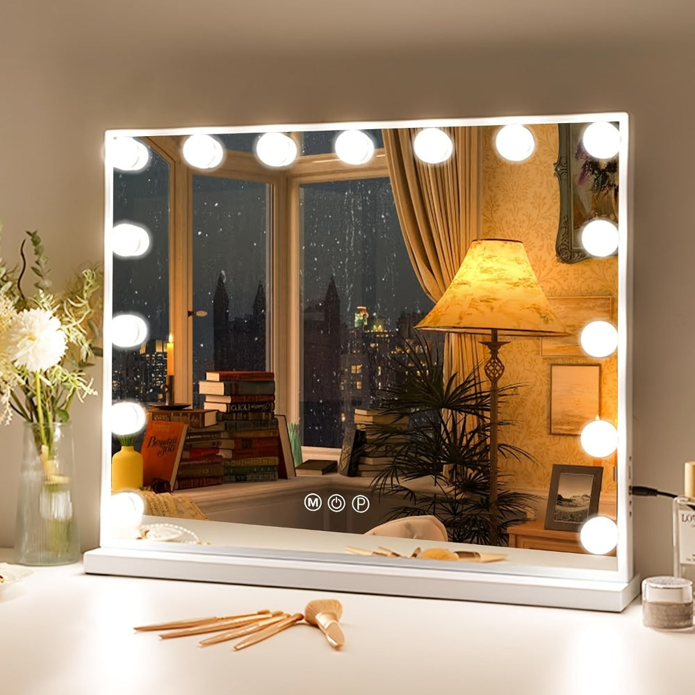Hollywood Vanity Mirror with Lights – 15 LED Bulbs, 3 Color Modes, Dimmable Brightness, 23x18 Inch, USB & Type-C Charging, Touch Control, Desk & Wall Mount, Metal Frame Makeup Mirror