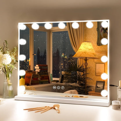 Hollywood Vanity Mirror with Lights – 15 LED Bulbs, 3 Color Modes, Dimmable Brightness, 23x18 Inch, USB & Type-C Charging, Touch Control, Desk & Wall Mount, Metal Frame Makeup Mirror