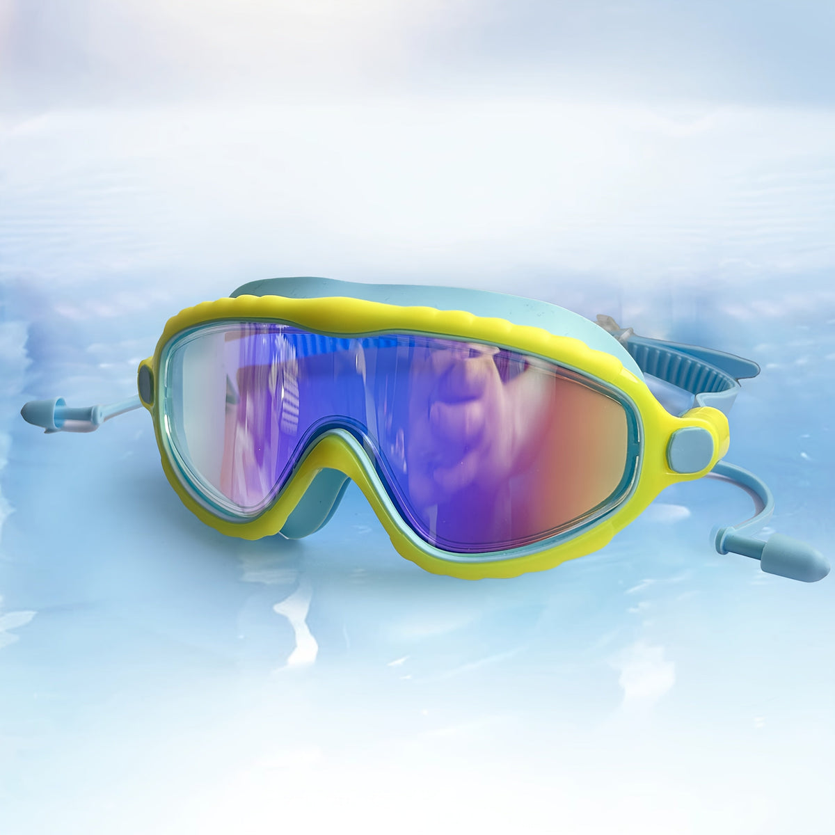 Kids Wide-Lens Swim Goggles with Attached Earplugs, Adjustable Strap and Blue or Pink Frame