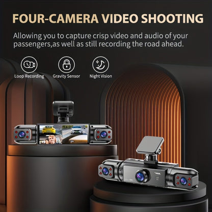 360° Panoramic Dash Cam 3 & 4 Lens 1080P HD Front + 720P Rear Left Right, Quad-Split Screen, HD Night Vision WDR G-Sensor Loop Recording, Full Coverage Car Camera, 32GB/64GB SD Card Options