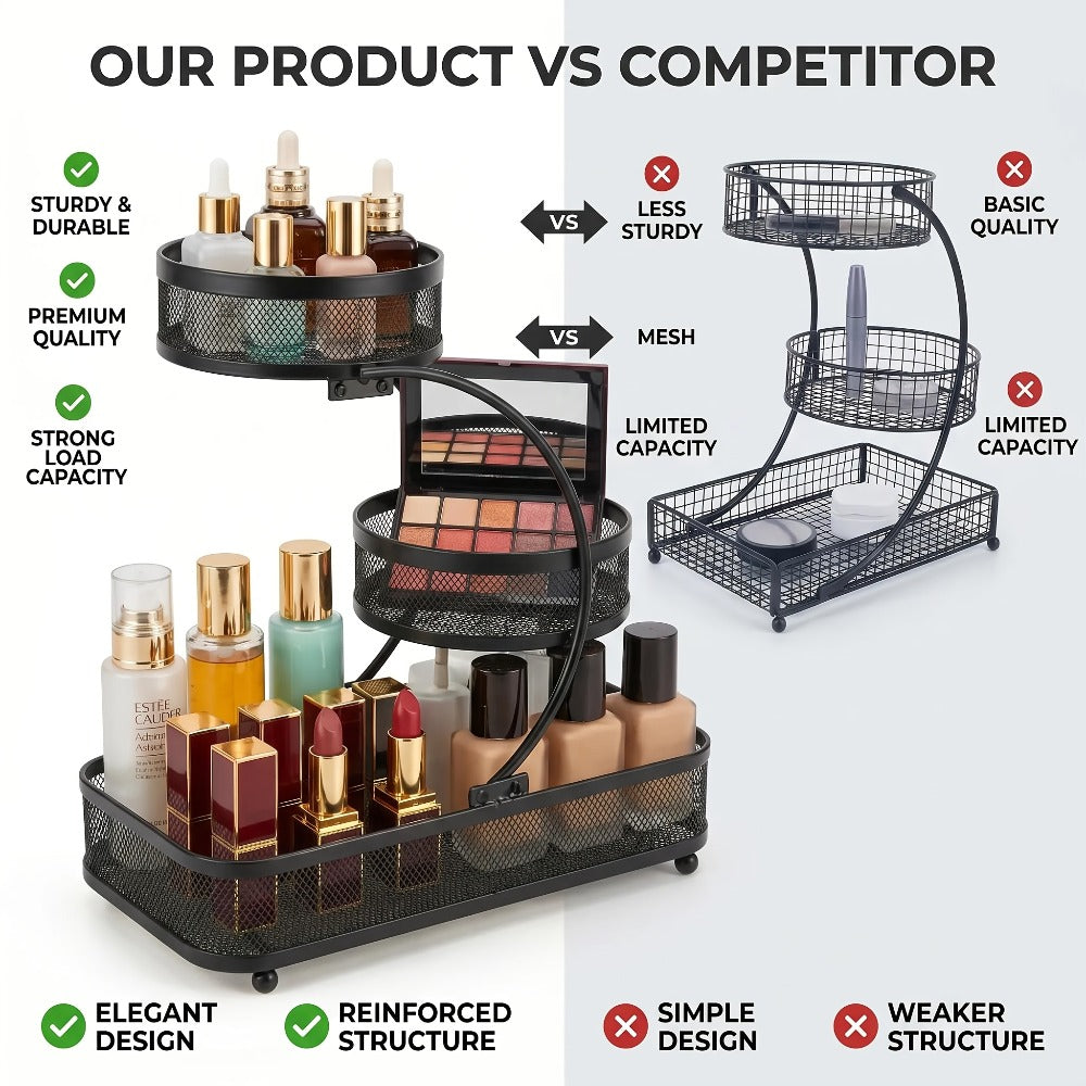 Bathroom Storage Rack 3-Tier Metal Countertop Organizer with Spray Bottle & Hooks – Rust-Resistant Diamond Mesh Shelf for Vanity, Skincare, Cosmetics & Toiletries