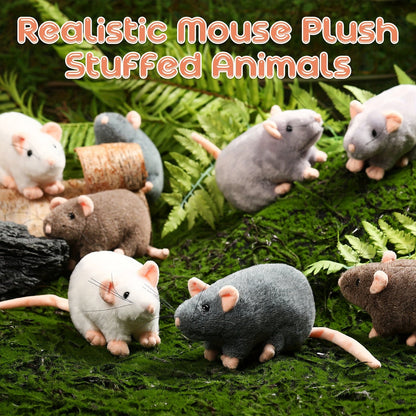 Cat Toy 8-Pack of 7-Inch Plush Mice in White, Gray and Brown with Long Tails and Rounded Bodies