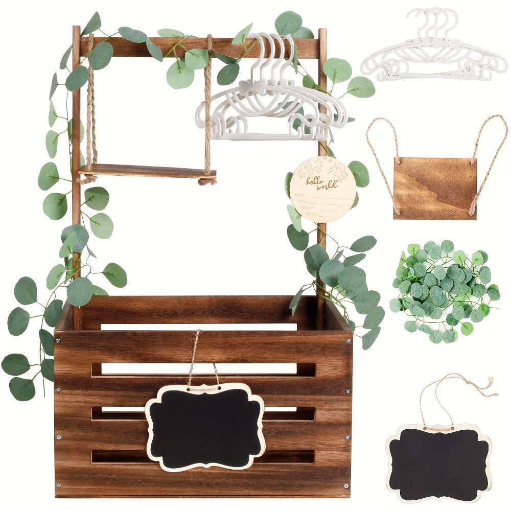 Wooden Gift Crate Basket with Carry Handle, Garland, Mini Swing, Hangers and Announcement Sign for Event Displays