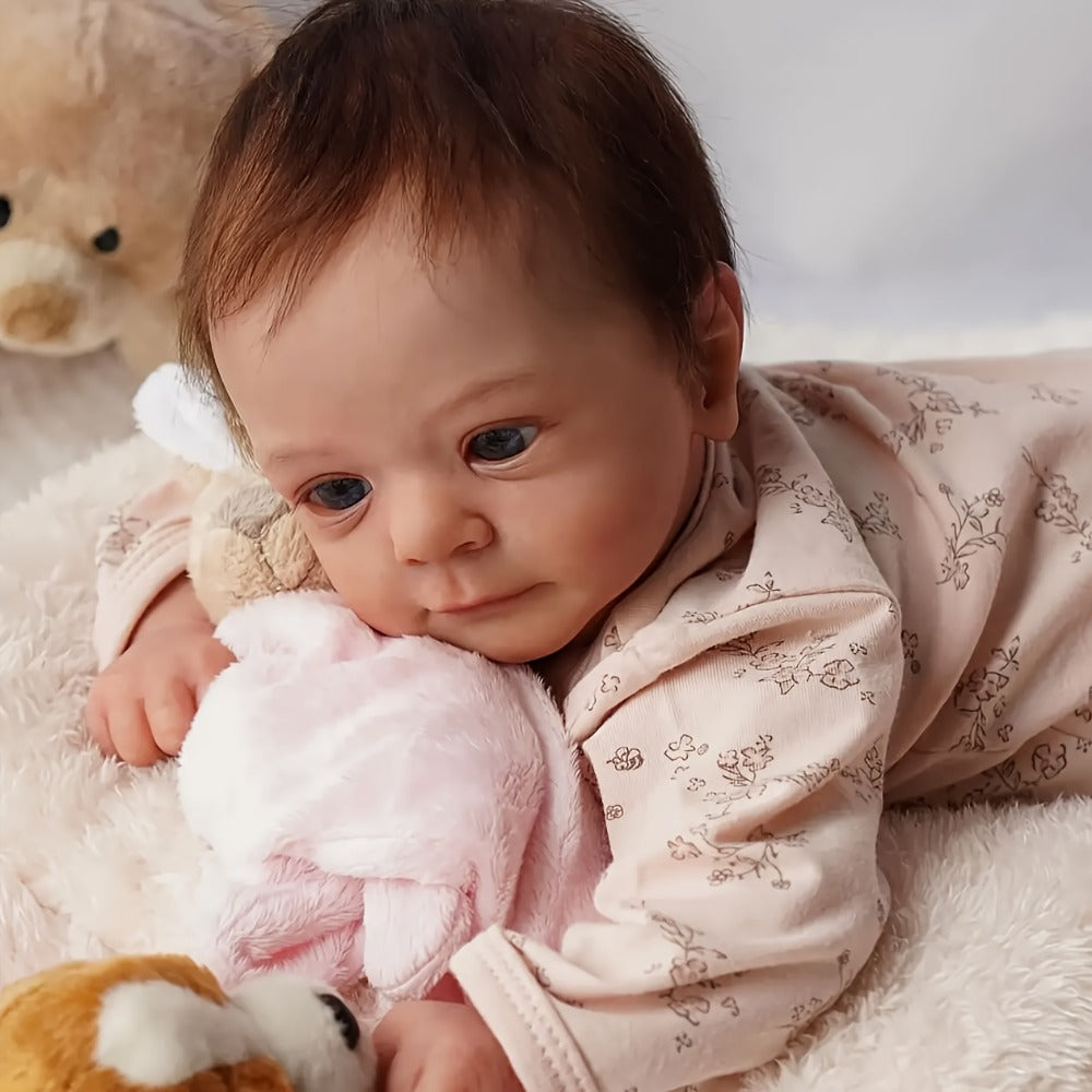 Reborn Baby Doll 16-Inch Cloth Body with Vinyl Limbs, Rooted Brown Hair, Open Eyes and Pink Outfit Set