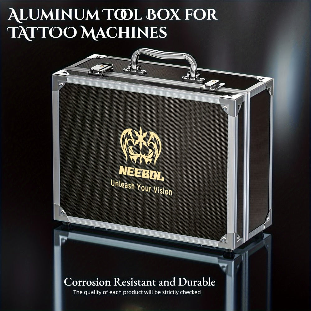 Black Hard-Sided Tattoo Tool Storage Case with Carry Handle, Latches and Pictured Interior Compartments