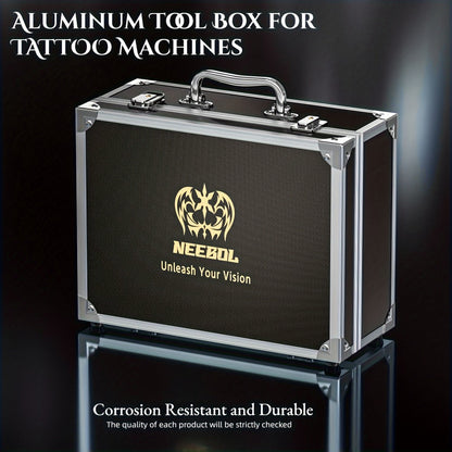 Black Hard-Sided Tattoo Tool Storage Case with Carry Handle, Latches and Pictured Interior Compartments