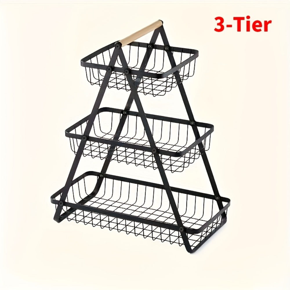 Freestanding Tiered Metal Wire Storage Basket with Wood-Tone Top Handle in Two- or Three-Tier Options