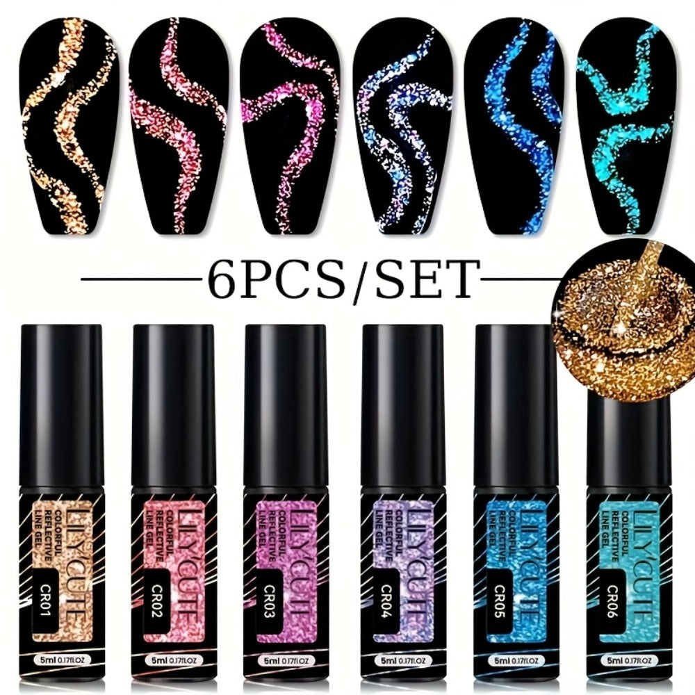 Reflective Liner Nail Art Gel Six-Bottle Set with 5ml CR01 to CR06 Colors and Slim Brushes for Detail Lines