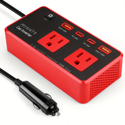 Red 200W Car Power Inverter with Two AC Outlets, USB-A and USB-C Ports, Switch and 12V Plug