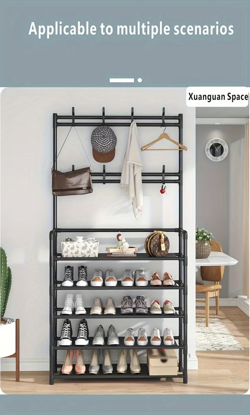 Shoe Rack Floor-Standing Organizer with 8 Double Hooks and 3-Layer or 5-Layer Black Options