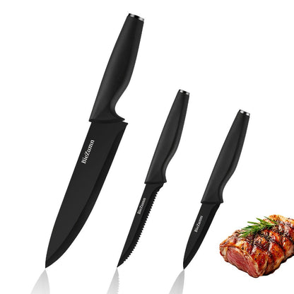 Black Kitchen Knife Set with Three-Piece or 14-Piece Options, Storage Block and Scissors on Larger Package