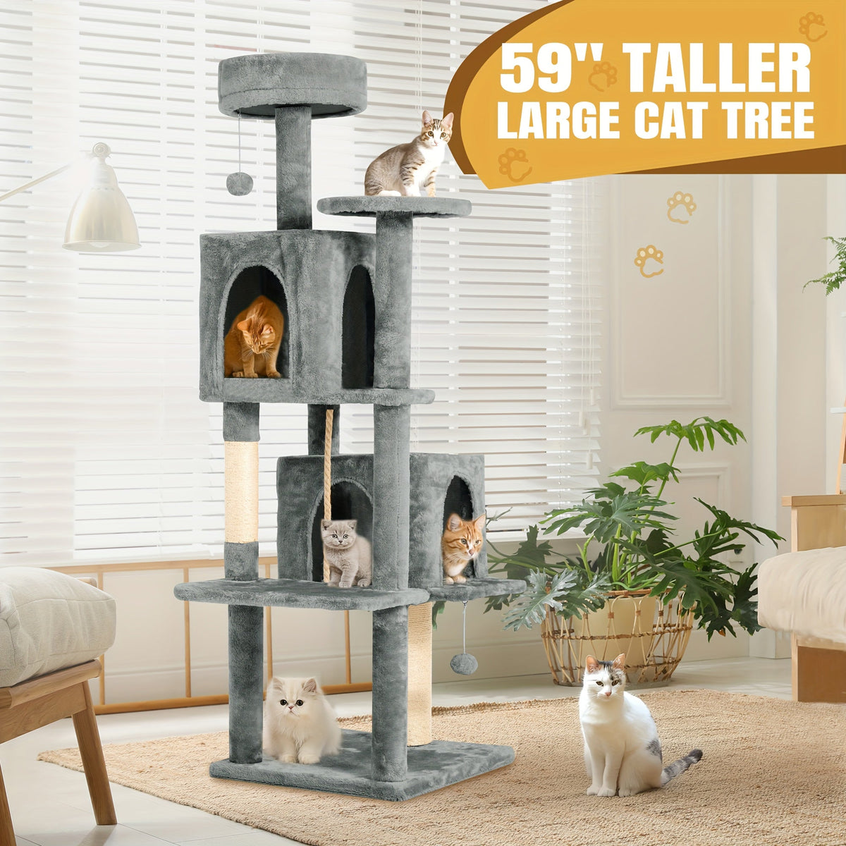 Cat Tree Tower 59 Inch Large Multi-Level Cat Tower for Indoor Cats with Plush Resting Area, Sisal Scratching Post & Hanging Ball Toy – Tall Cat Furniture for Bedroom Living Room, Multiple Colors