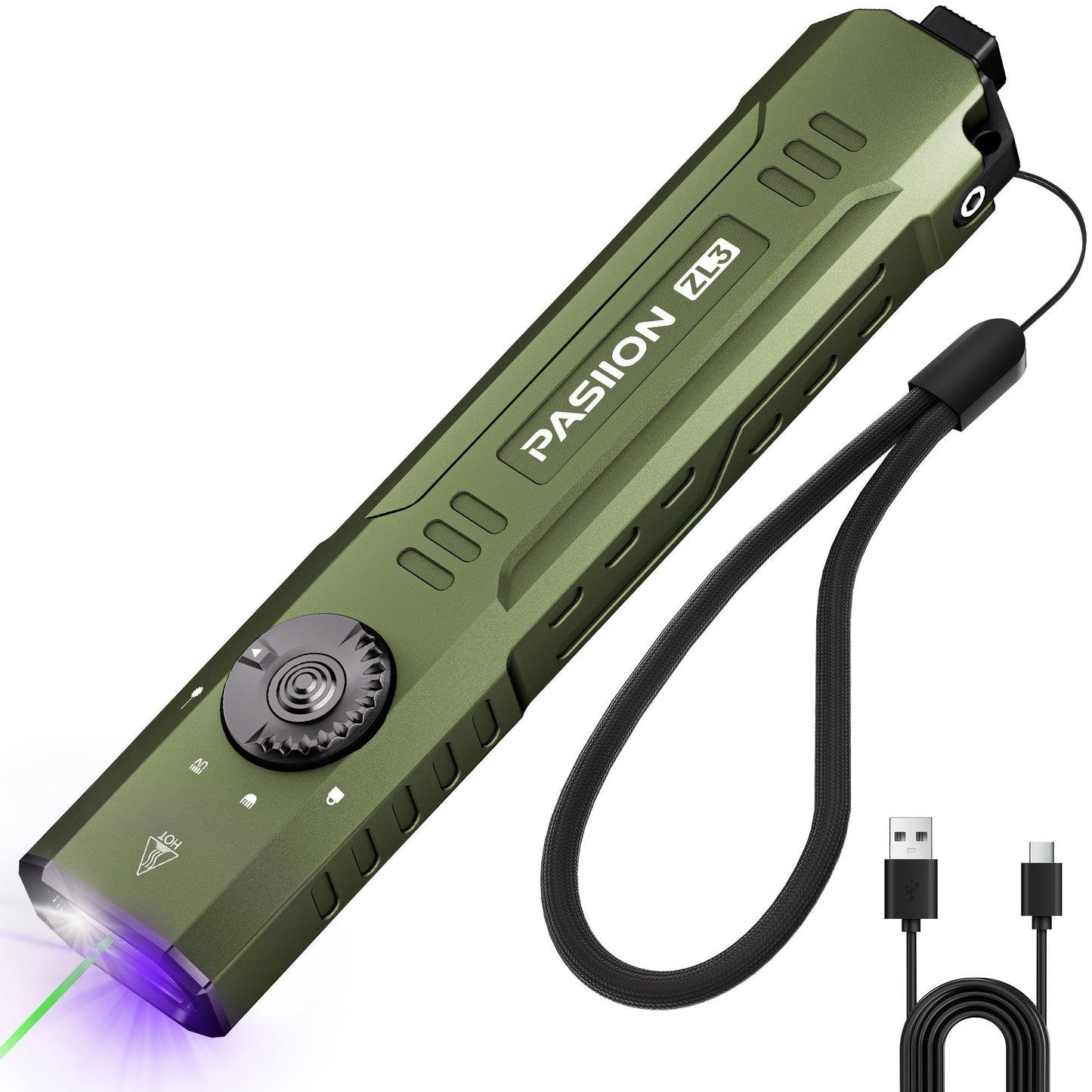 Flashlight Flat EDC Triple-Light Torch with White, Green and UV LEDs, Type-C Charging and Glass Breaker