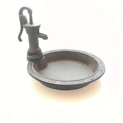 Rust-Tone Cast Iron Hand Pump Decorative Tray with 8.27-Inch Basin for Patio and Tabletop Display