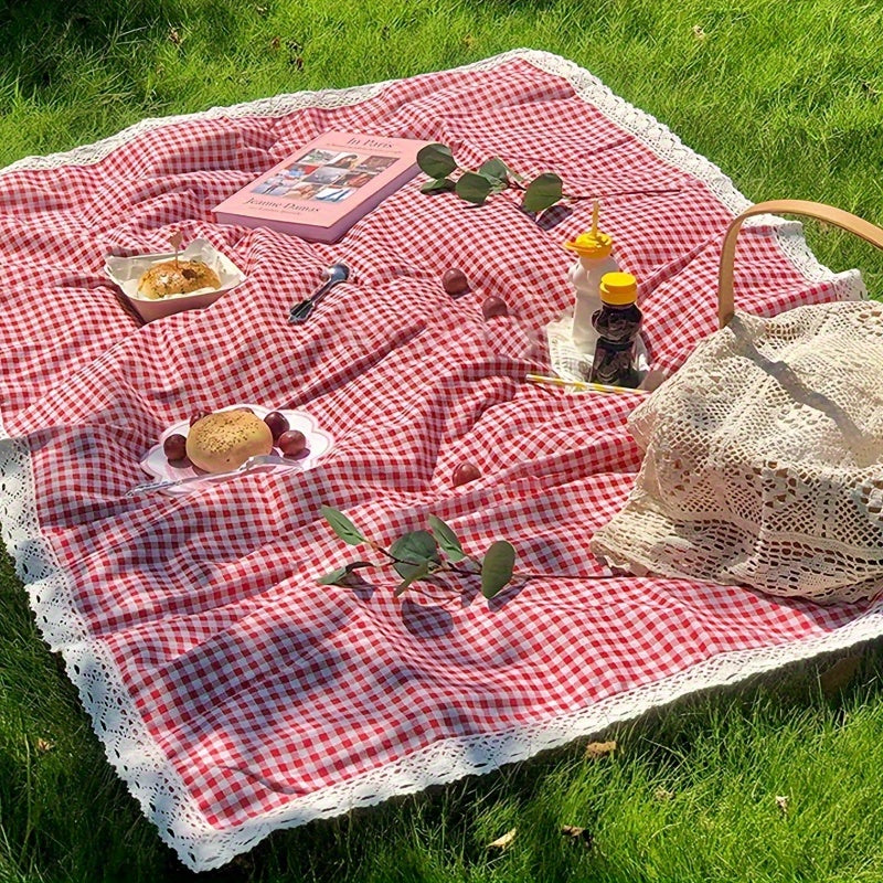 Tablecloth in Red Gingham Plaid with White Lace Edge for Picnic, Camping and Photo Backdrop Use