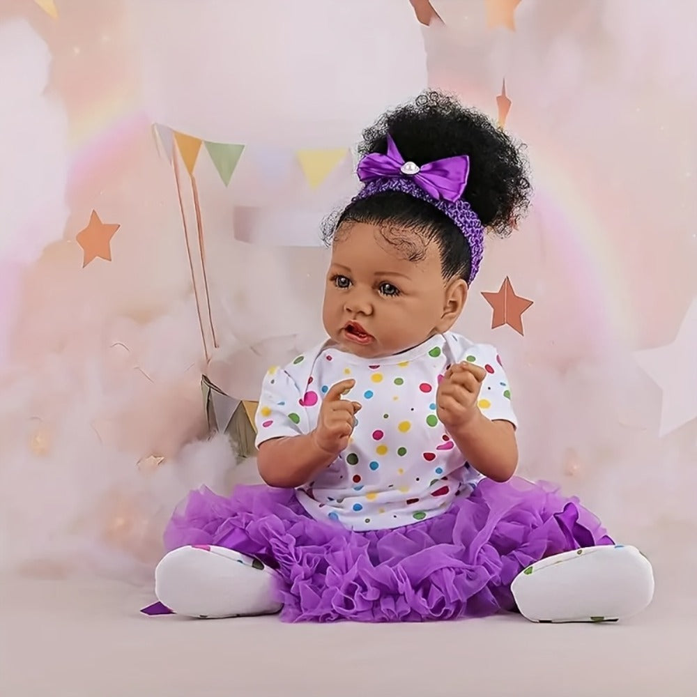 Reborn Baby Doll 21.5-Inch Full Vinyl Design with Curly Dark Hair, Open Eyes and Purple-and-White Outfit