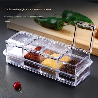 Kitchen Seasoning Storage Box Set of 4 - Transparent Multi-Grid Moisture-Proof Spice Organizer with Flip Lid, Airtight Condiment Container for Home Kitchen Apartment