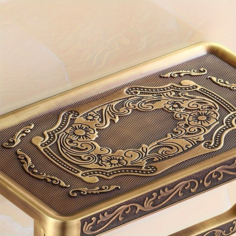Golden Wall-Mounted Toilet Paper Holder with Embossed Vintage-Style Shelf, Roll Bar and Side Hook