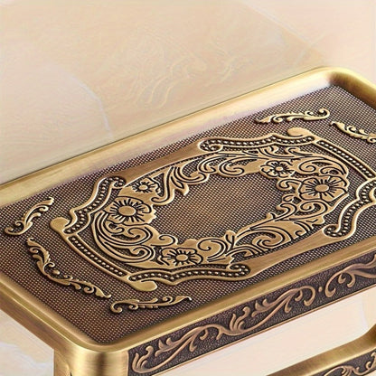 Golden Wall-Mounted Toilet Paper Holder with Embossed Vintage-Style Shelf, Roll Bar and Side Hook