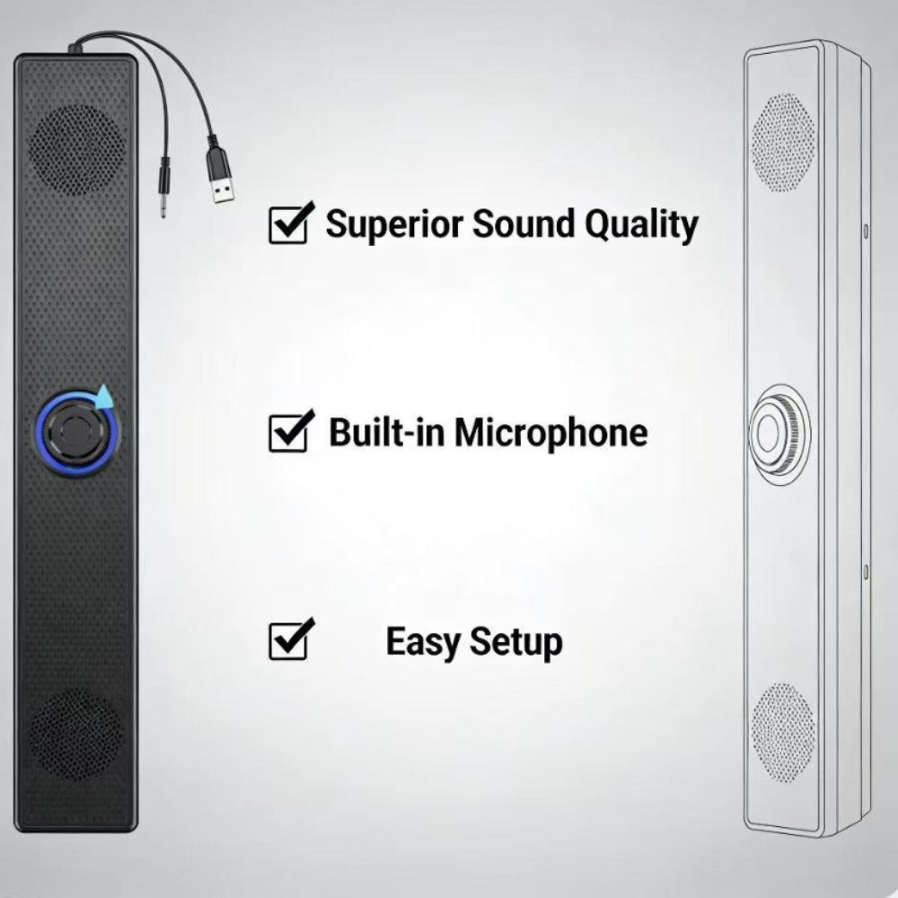 USB Wired Computer Soundbar Speaker for PC Desktop Laptop Monitor, Stereo Surround Sound Bar with Knob Volume Control