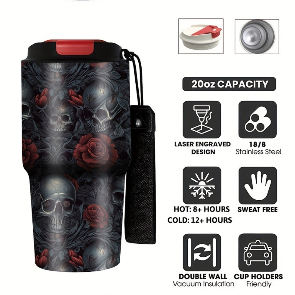 Insulated Tumbler 20oz Gothic Skull and Roses Stainless Steel Travel Mug with Carry Strap for Everyday Use