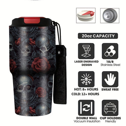 Insulated Tumbler 20oz Gothic Skull and Roses Stainless Steel Travel Mug with Carry Strap for Everyday Use