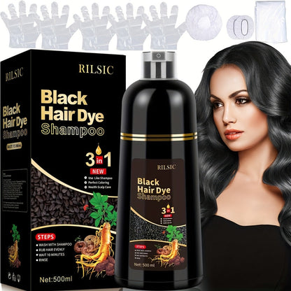 Hair Dye Shampoo, RILSIC 500ml Black 3-in-1 Single Bottle with Pump Dispenser for At-Home Color Application