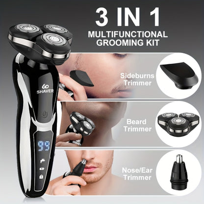 Black Three-Head Rotary Shaver with Digital Display in Standalone, Three-Piece or Four-Piece Sets